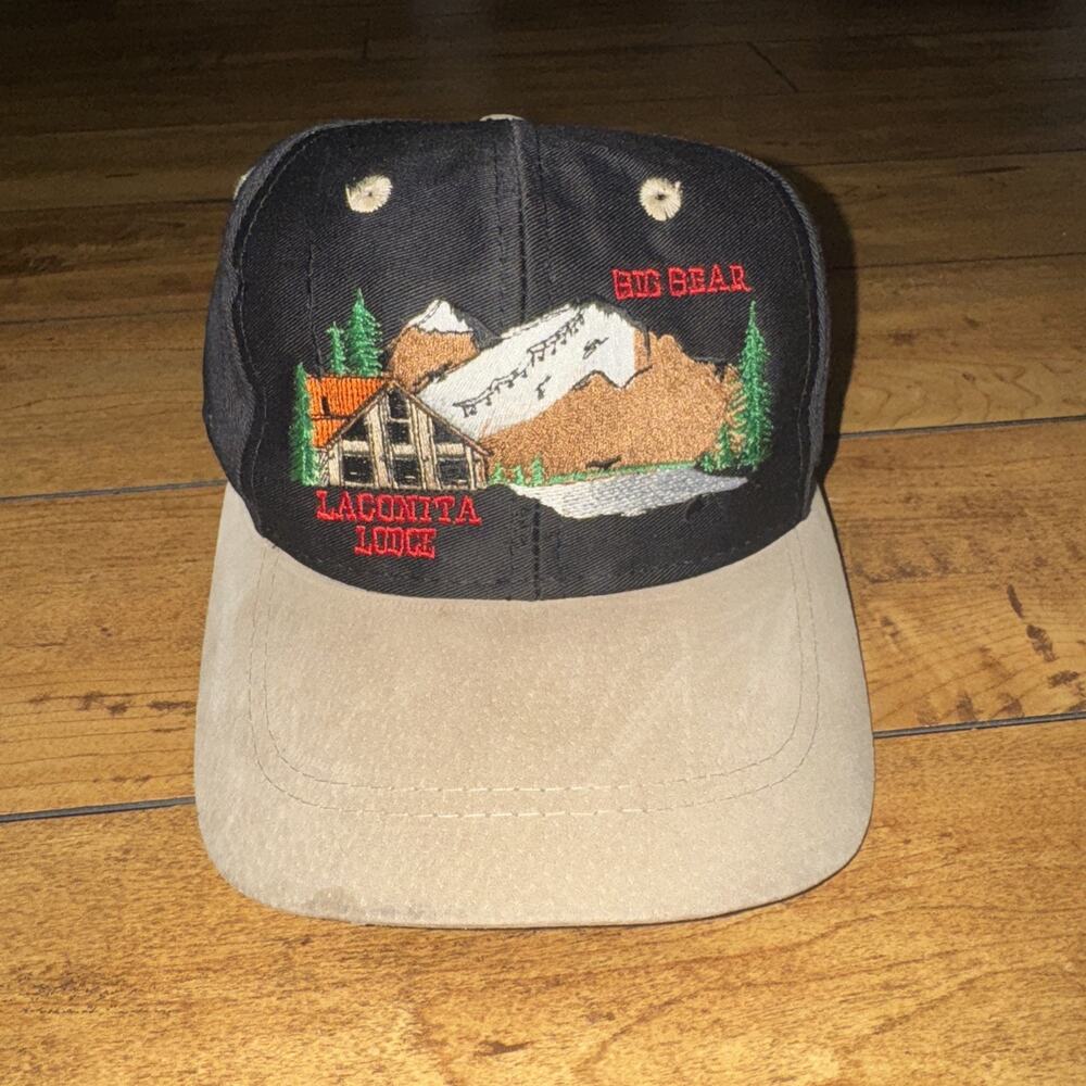 Vintage Big Bear Lake Snapback Hat Black Tan Embroidered Souvenir Trucker Cap